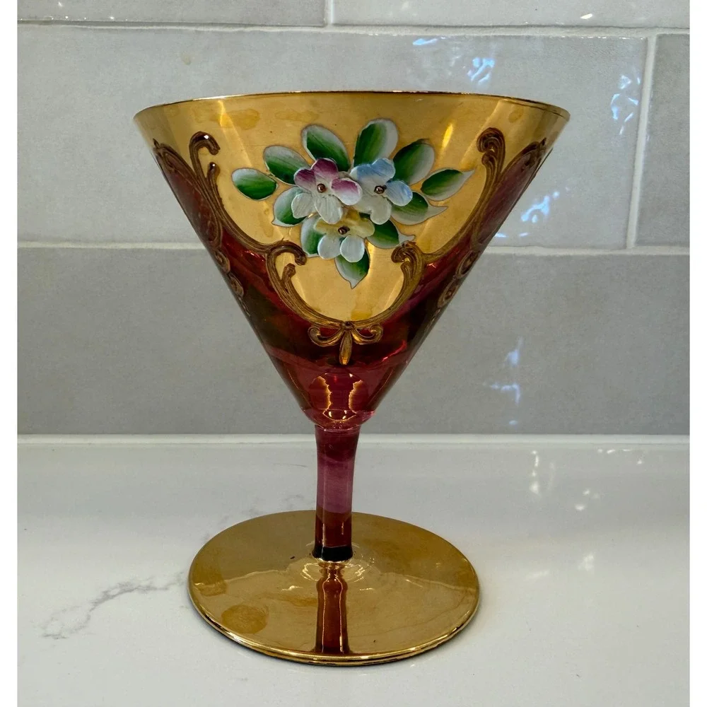Vtg Murano Cranberry Glass‎ Gold 3D Enamel Floral Martini Goblet Venetian Glass